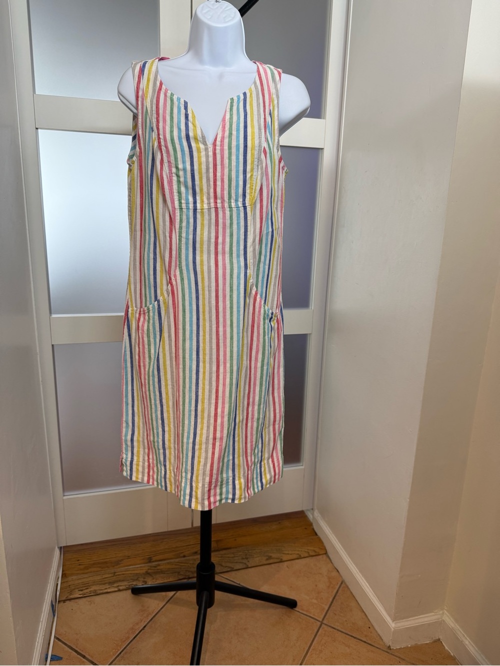 Boden Linen Rainbow Striped Shift Dress, UK 10R, US 6R